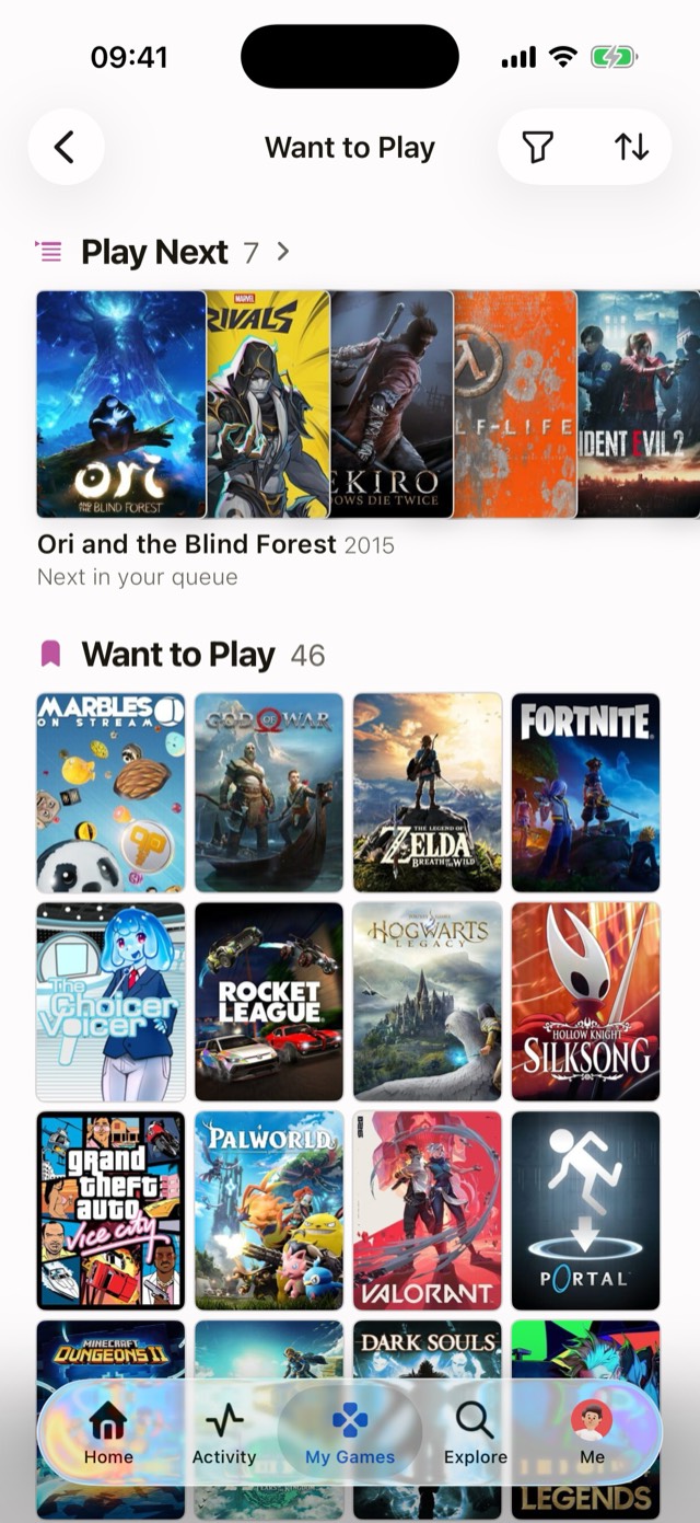 Want to Play in Playthroughs, with an ordered Play Next queue above the saved games