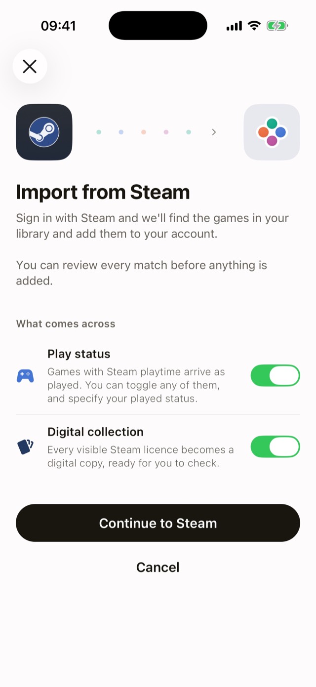 Steam import setup showing play status and digital collection options